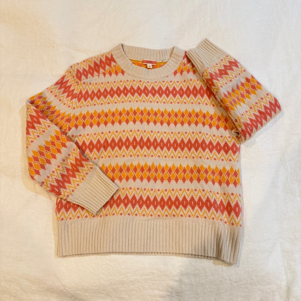 J. Crew 100% Cashmere THICK Red Pink Orange Fair Isle Sweater